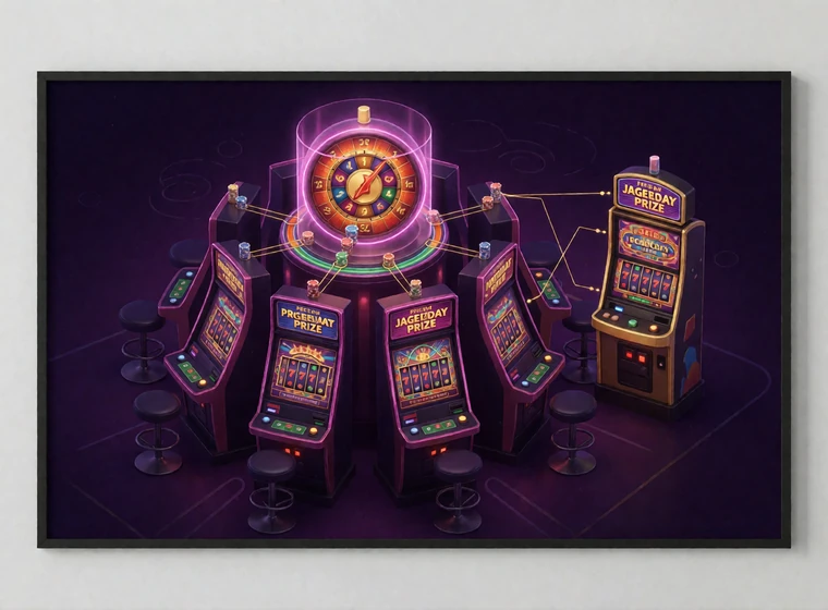 Schematische Darstellung eines vernetzten progressiven Jackpots neben einem festen Jackpot bei Casino Spielen
