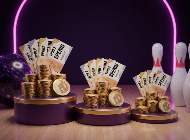 Drei getrennte Bonusstufen mit Chips und Freispielkarten im neonfarbenen Online-Casino-Bowlingdesign