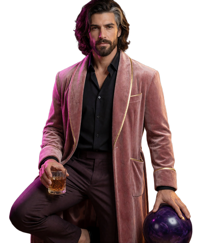 Originaler langhaariger DudeSpin-Maskottchenmann im rosa Samthalat mit Bowlingkugel und Glas im Online-Casino-Hero