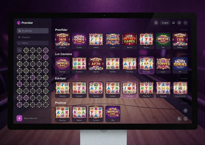 Casino-Lobby mit Providerfiltern und geordneten Spielkacheln zur Auswahl von Online Slots nach Anbieter