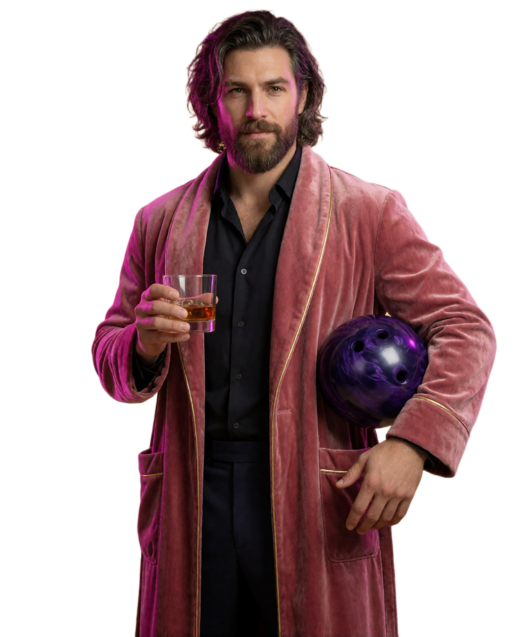 Originales langhaariges DudeSpin-Maskottchen im rosa Samthalat mit Glas und Bowlingkugel f&uuml;r das Live Casino
