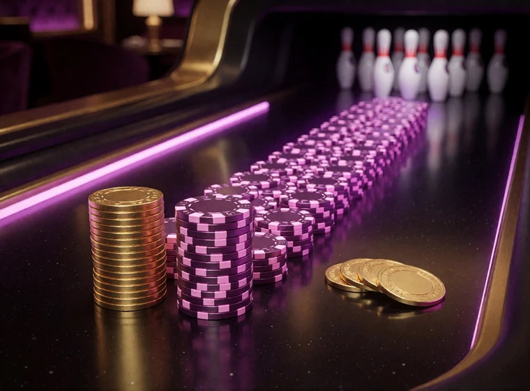Chipstapel f&uuml;r Einzahlung und Bonus f&uuml;hren in eine lange Neon-Bowlingbahn als Beispiel der 35x-Umsatzbedingung
