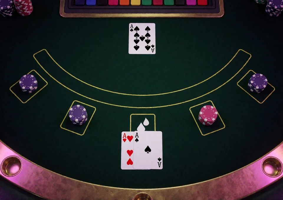 Blackjack-Kartenbeispiel mit Dealerkarte und Entscheidungsm&ouml;glichkeiten f&uuml;r Black Jack online